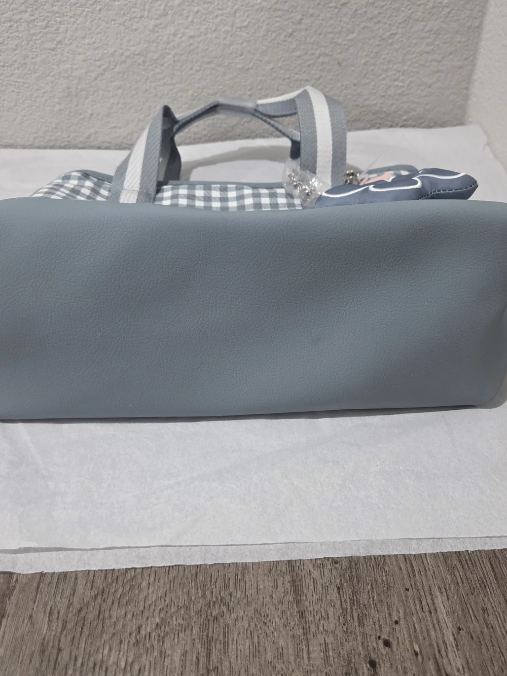 Betsey Johnson Light Blue Gingham Tote with Flower Charm